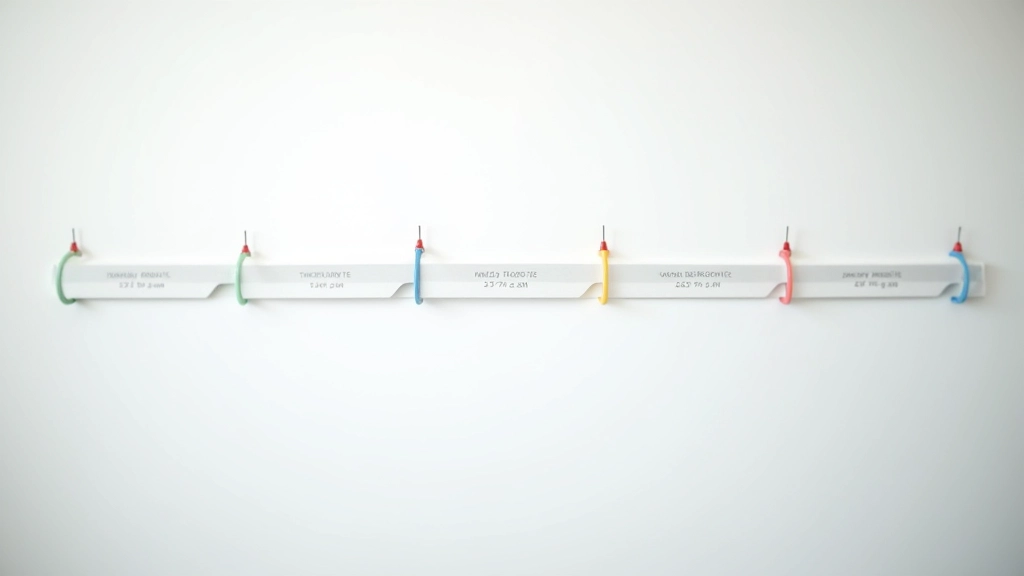 Milestone timeline diagram showing progression steps with dates and achievement markers on a clean whiteboard or planning surface